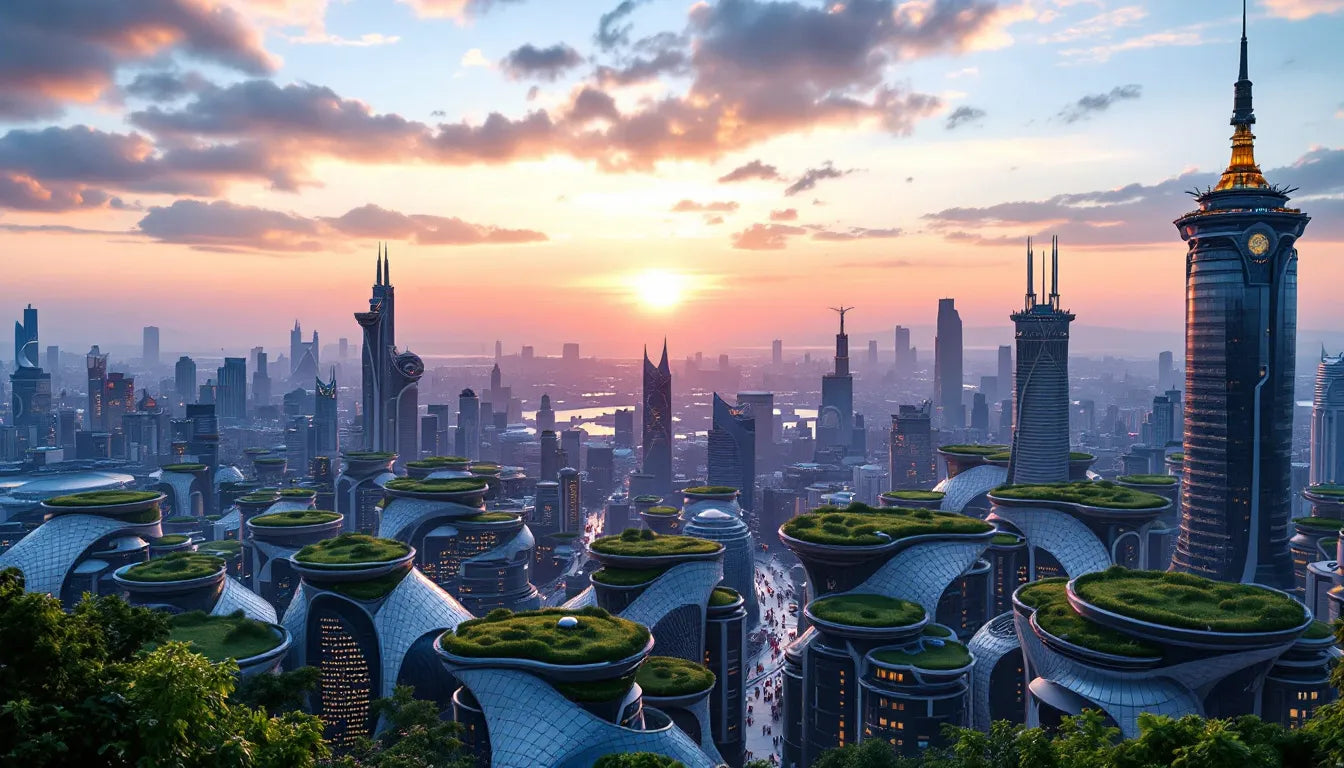 City skyline featuring buildings with green rooftops