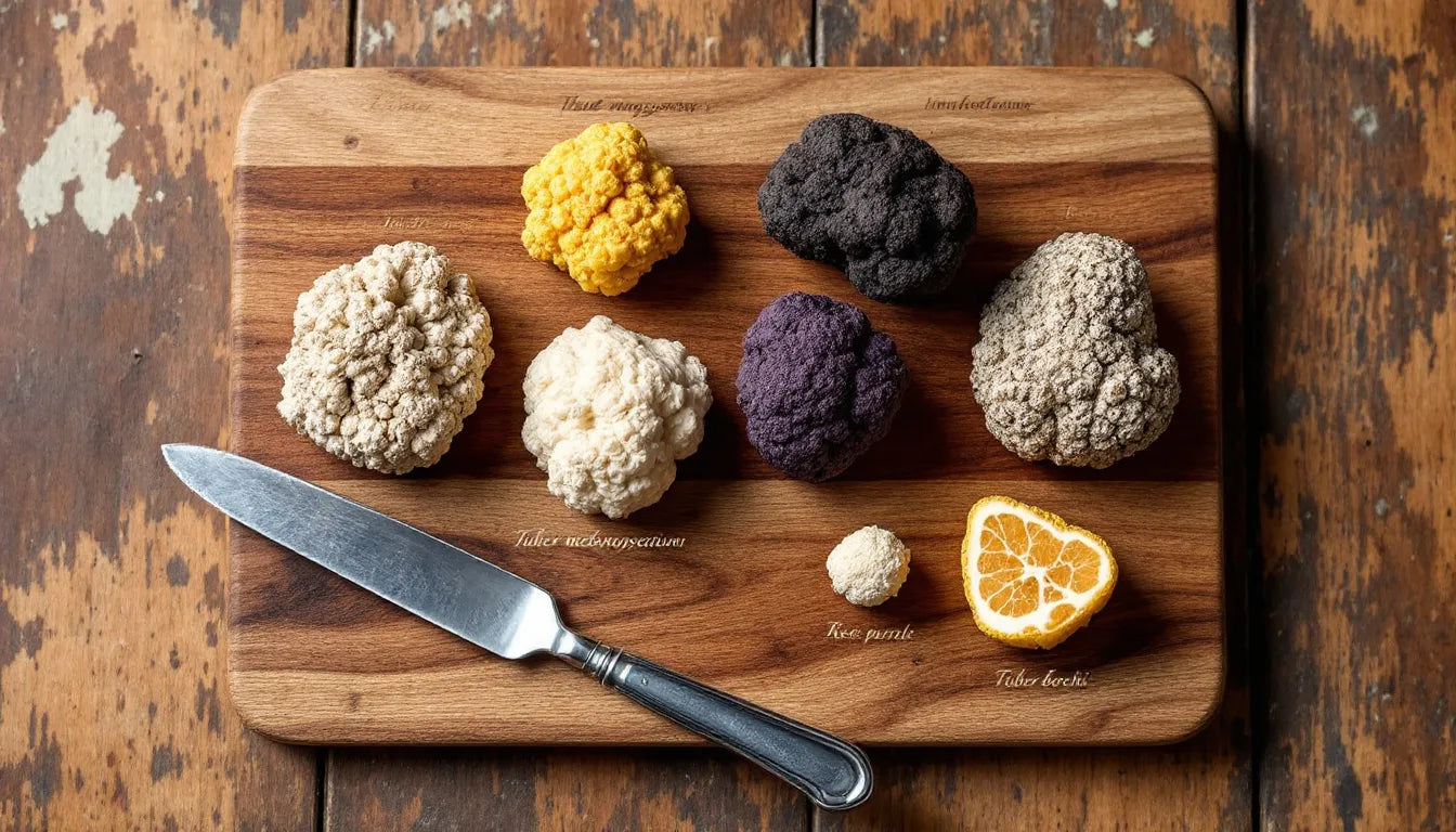 Different truffle varieties arranged on wooden board