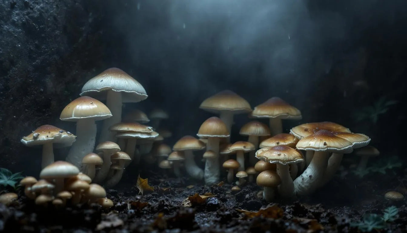 Humidity-controlled chamber with mushrooms growing