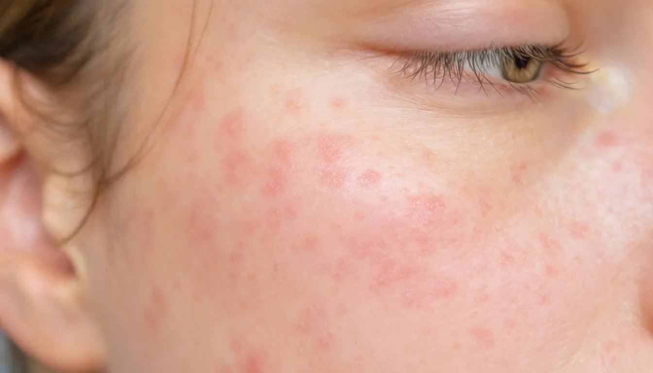 Closeup of a person's face showing acne under natural light