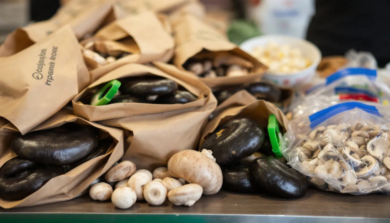 Different mushroom storage methods including paper and plastic bags