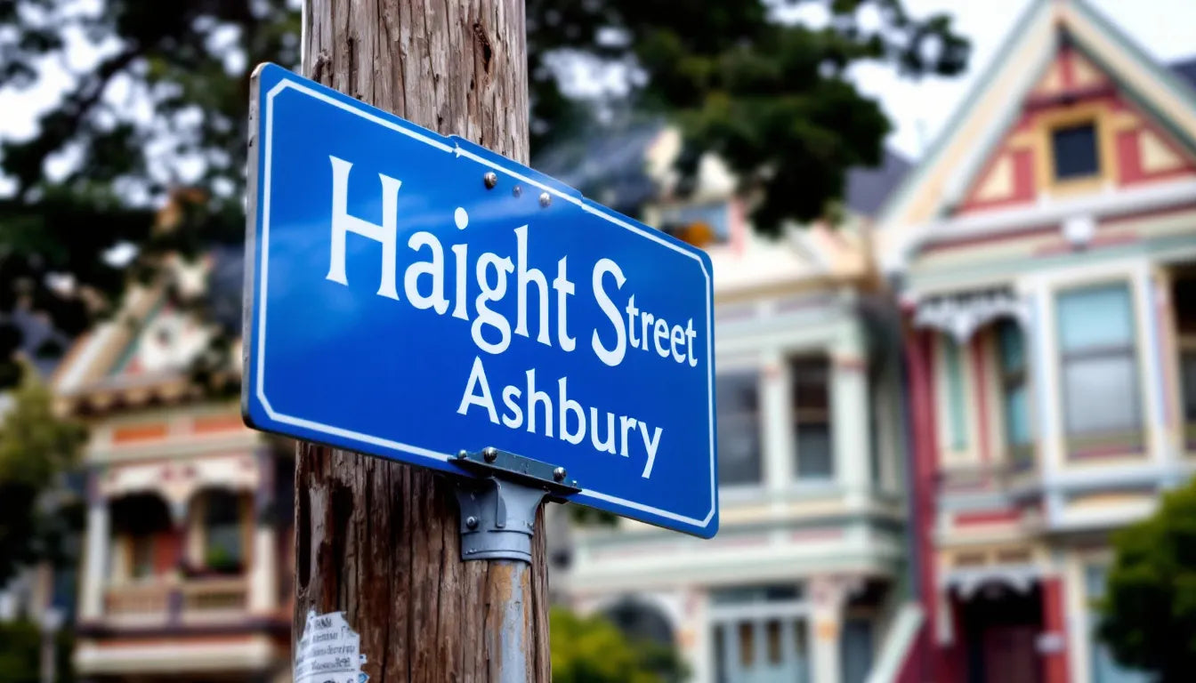 A close-up of the Haight-Ashbury street sign in San Francisco, symbolizing the city's psychedelic past.