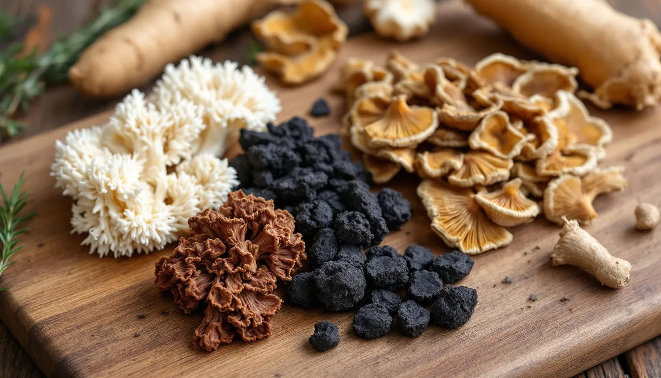 Assorted dried medicinal mushrooms arranged on a table