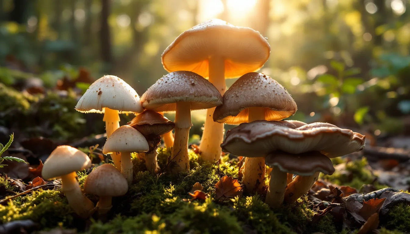 Mushrooms growing in sunlight on forest floor