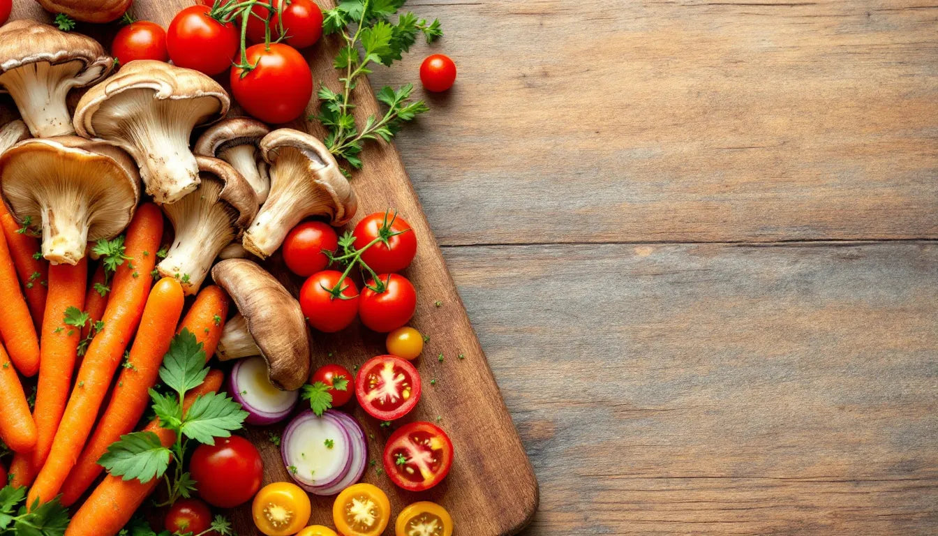 king trumpet mushrooms alongside fresh vegetables
