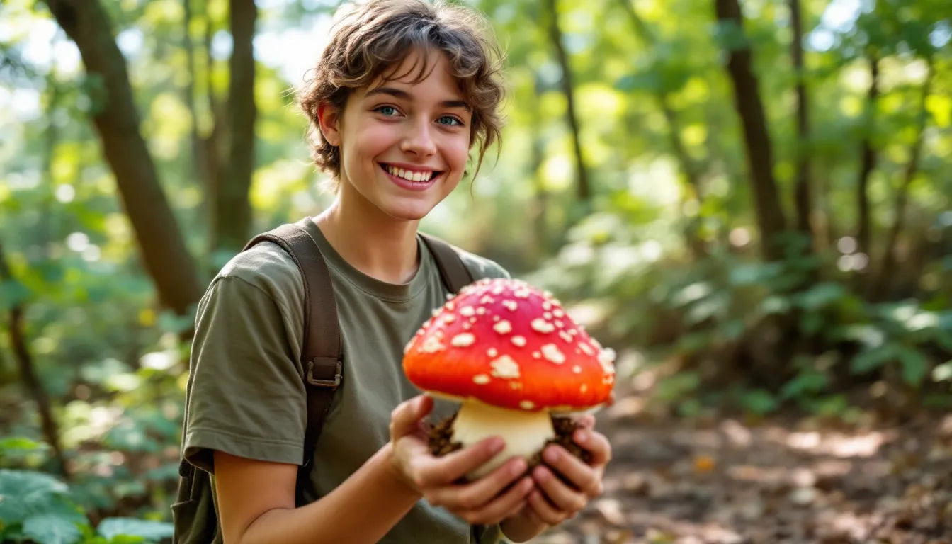 happy person holding turkey tail mushroom grow block