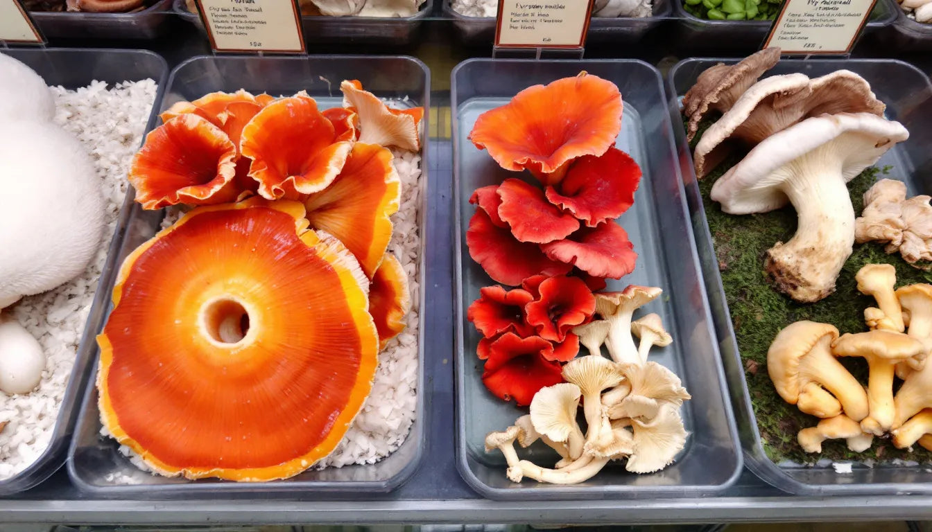 variety of mushroom species arranged in separate labeled trays
