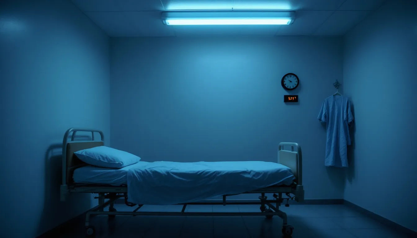 An empty hospital bed in a dimly lit room.
