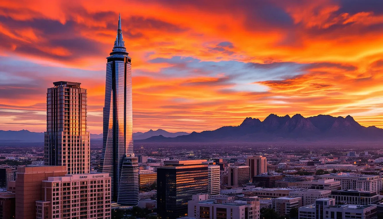 Phoenix Arizona skyline glowing in sunset