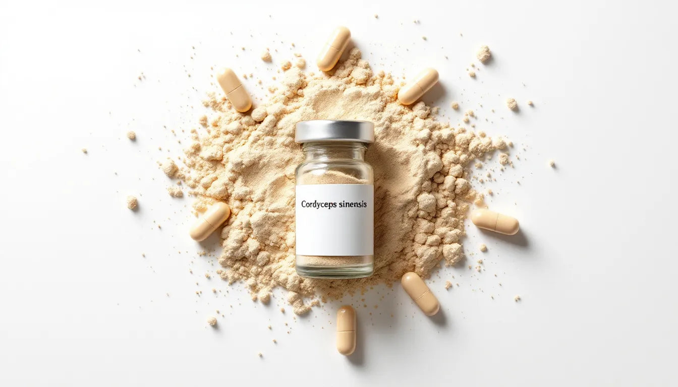 Cordyceps powder and capsules on a clean white surface
