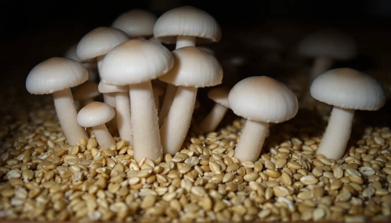 closeup of oyster mushroom spawn on grain base