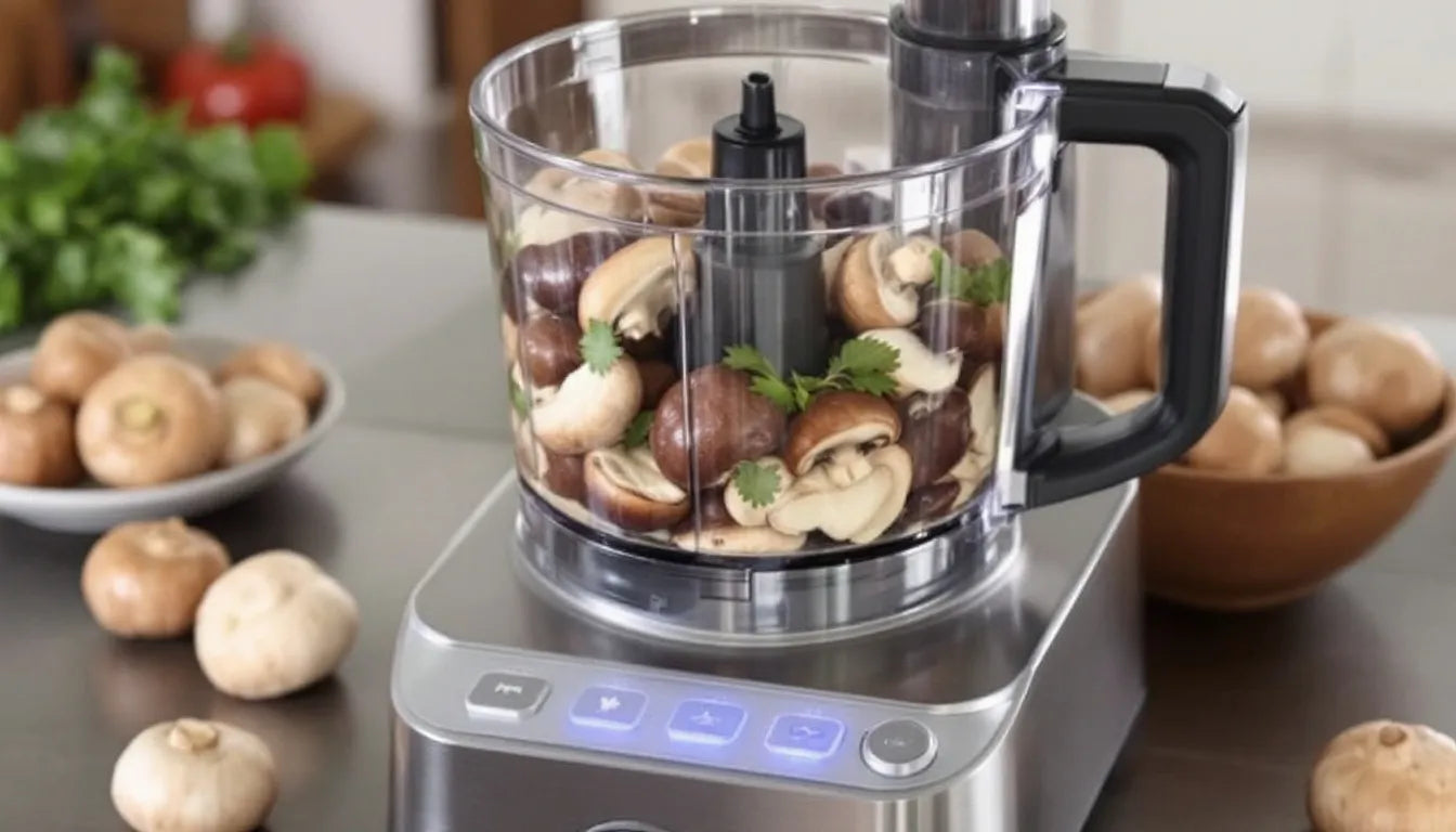 Blended mushrooms inside a food processor