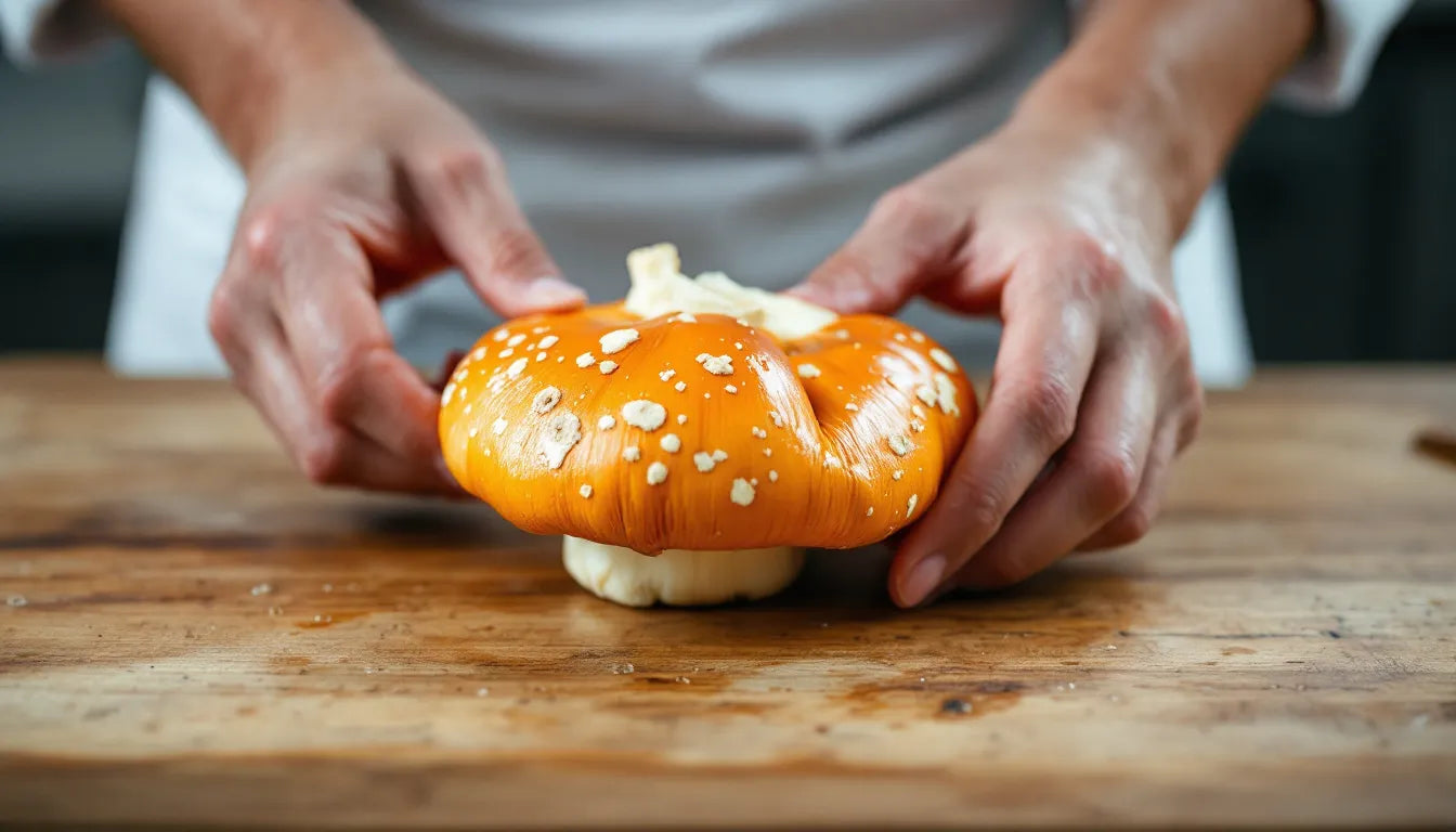 Hands tearing lion's mane mushroom over wooden board