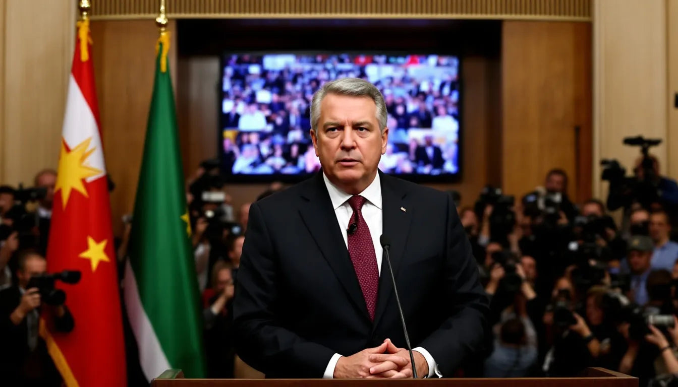 Politician speaking at a press conference with microphones and reporters present.