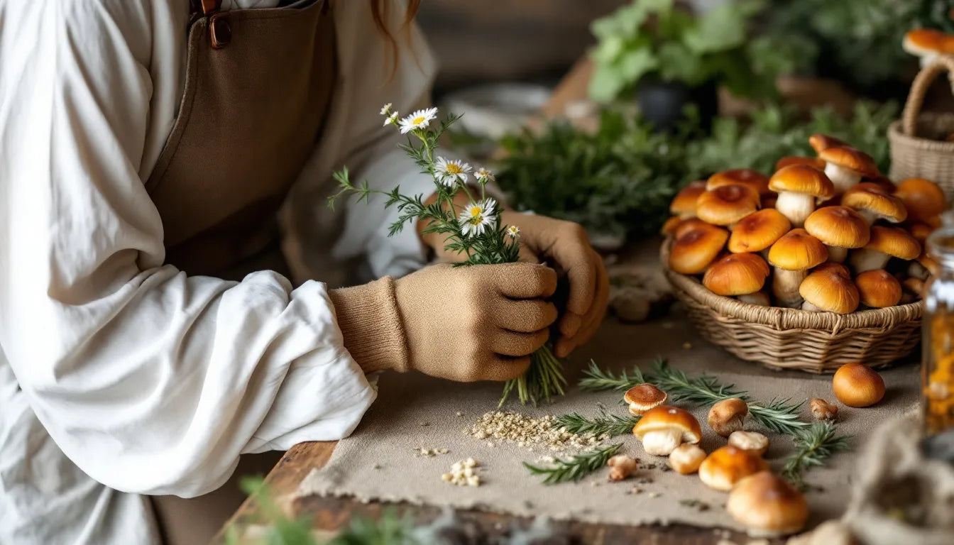 Herbalist closely examining herbs and mushrooms on a wooden table
