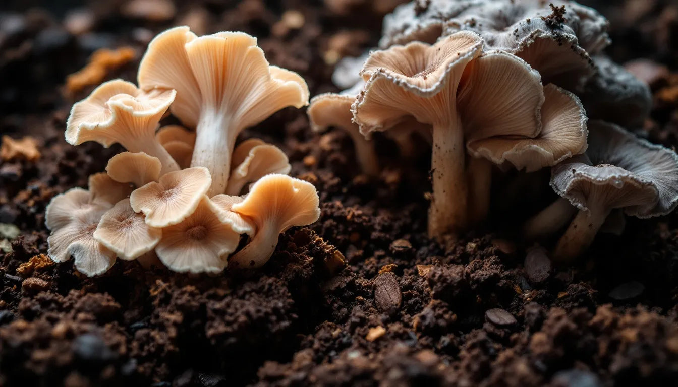 Mushrooms growing from spent coffee grounds