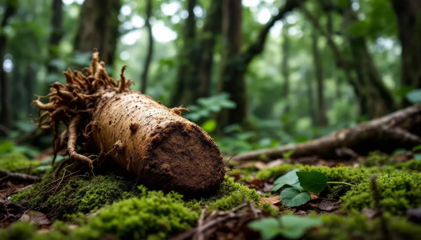 Iboga root shown with lush rainforest background