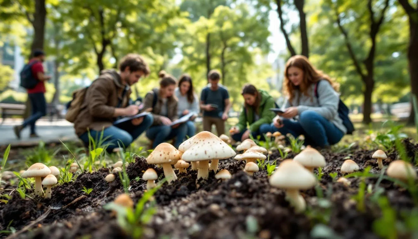 Community studying mushrooms in urban soil