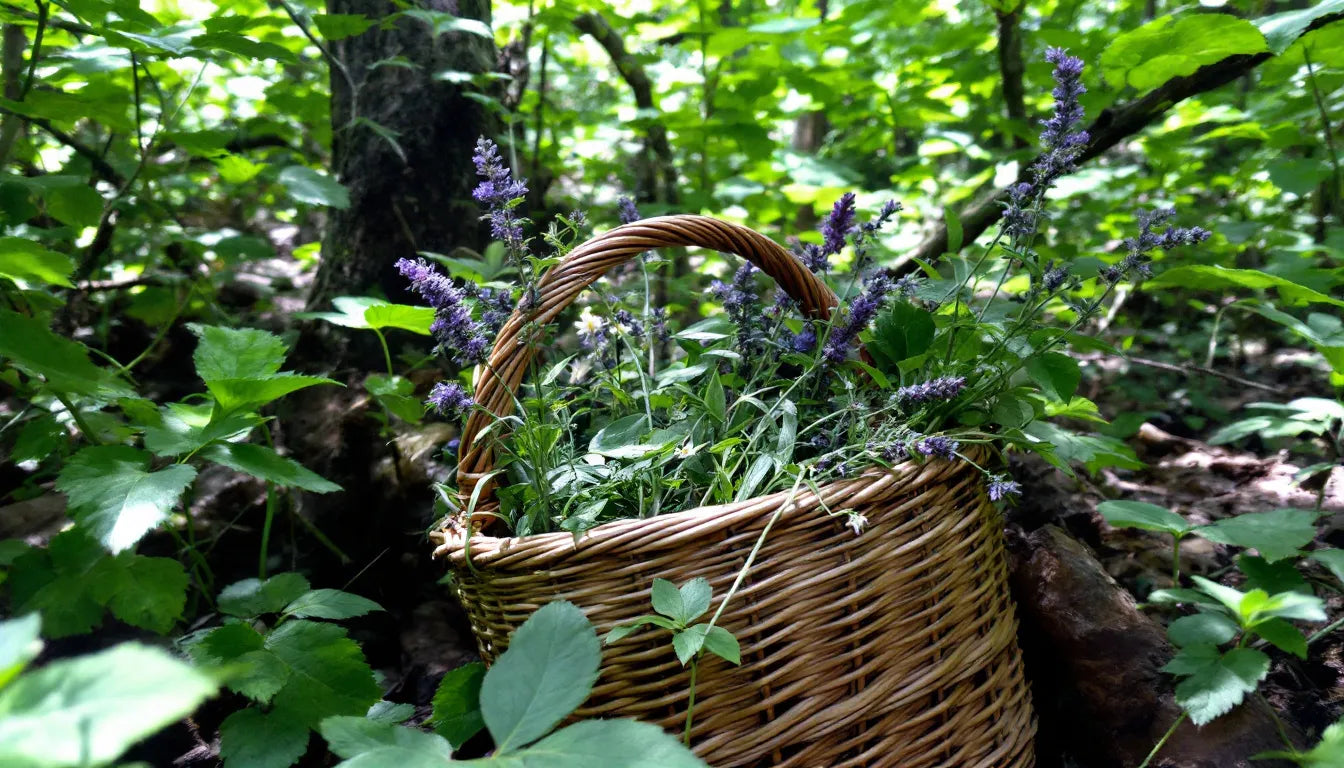 Basket of wild herbs on forest path showing sustainable foraging