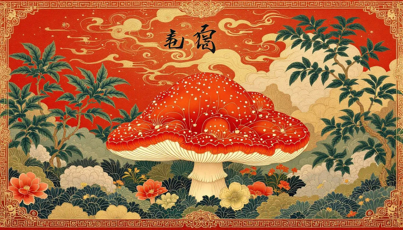 Traditional Asian scroll background with red reishi mushroom