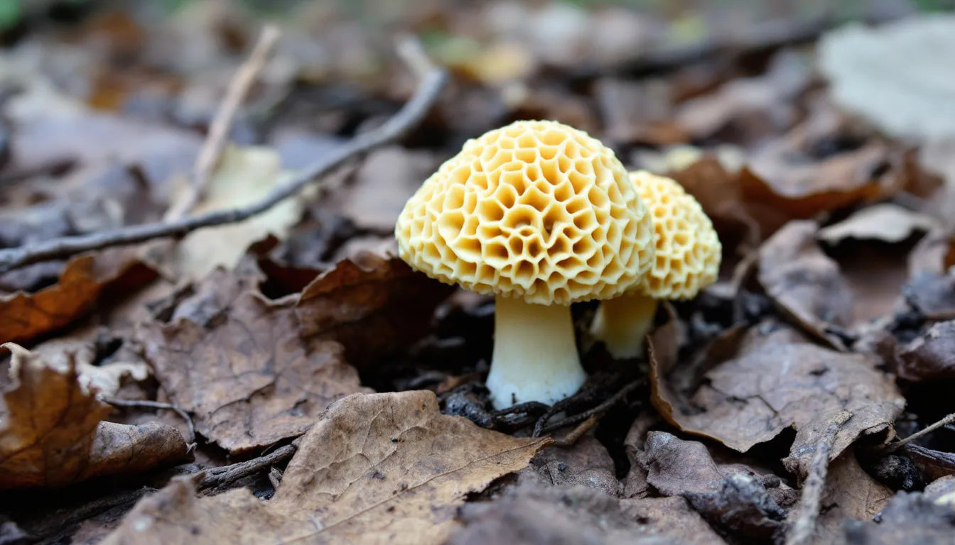 False morel mushrooms growing among fallen leaves