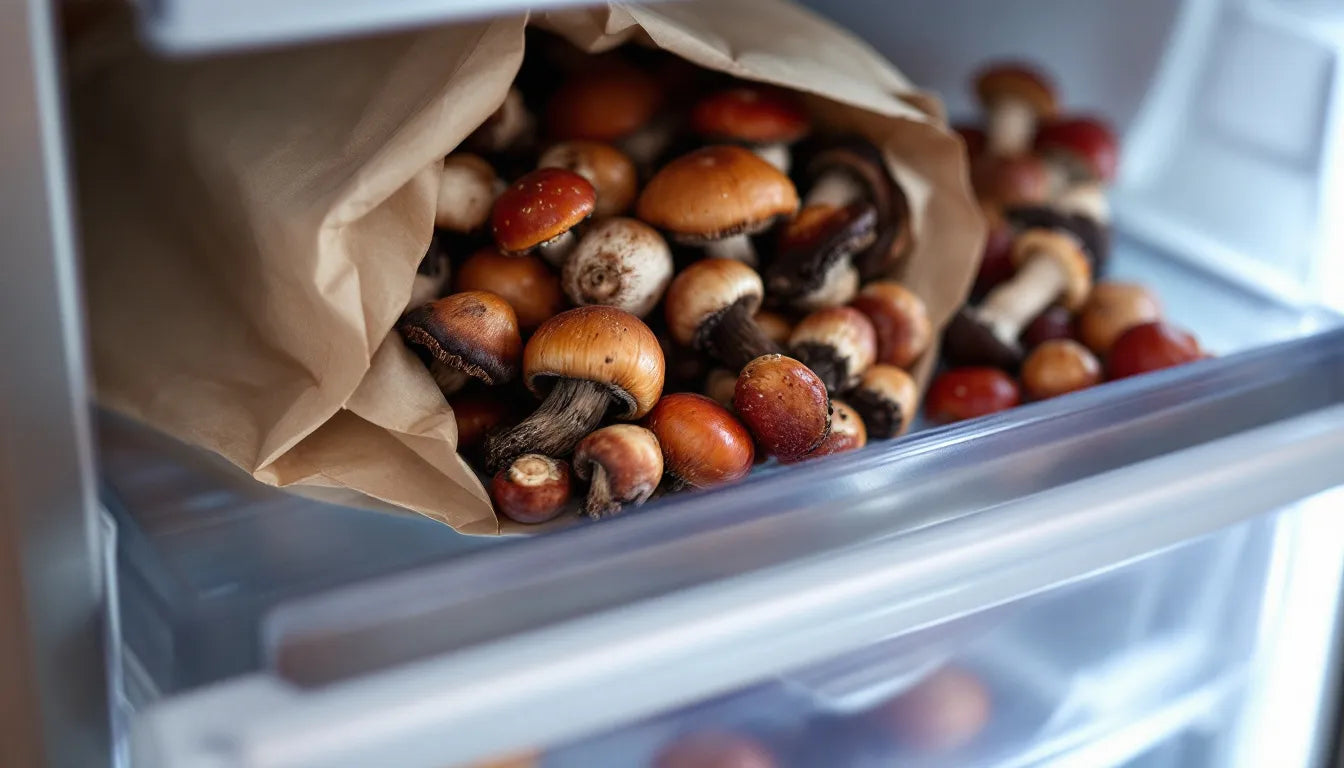 Lion's Mane mushrooms stored in a brown paper bag in refrigerator