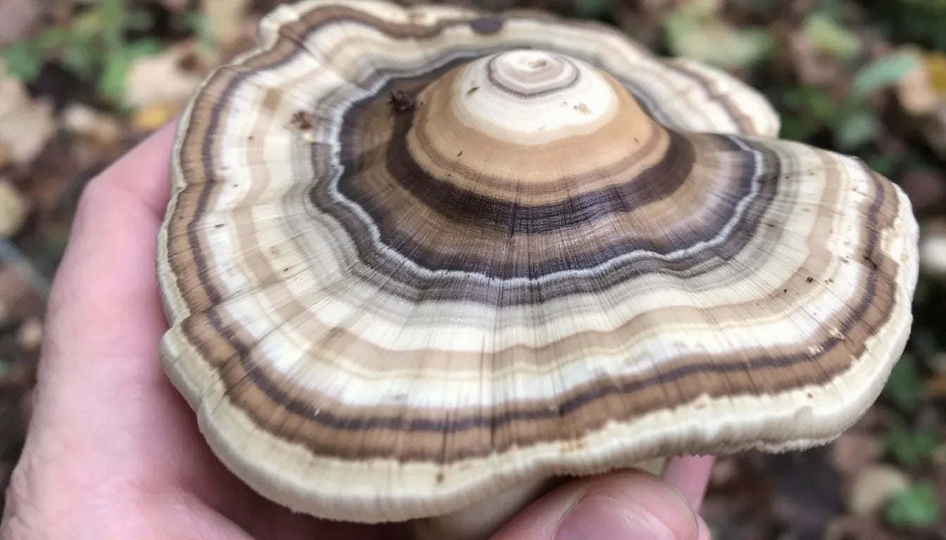 Hand holding a tough turkey tail mushroom