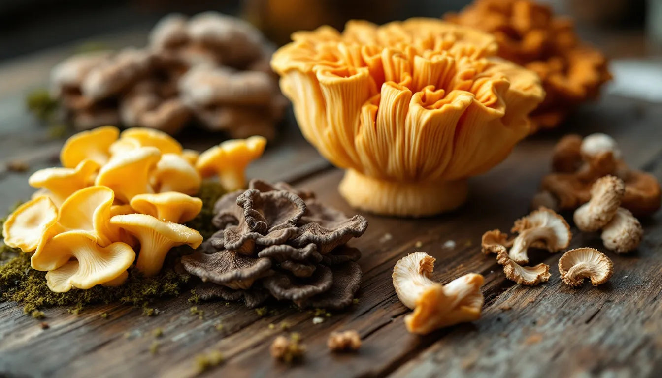 Various medicinal mushrooms arranged on a wooden table.