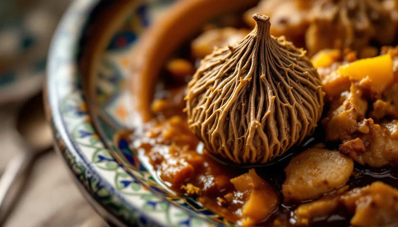 Dried desert truffle with saffron in Moroccan tagine