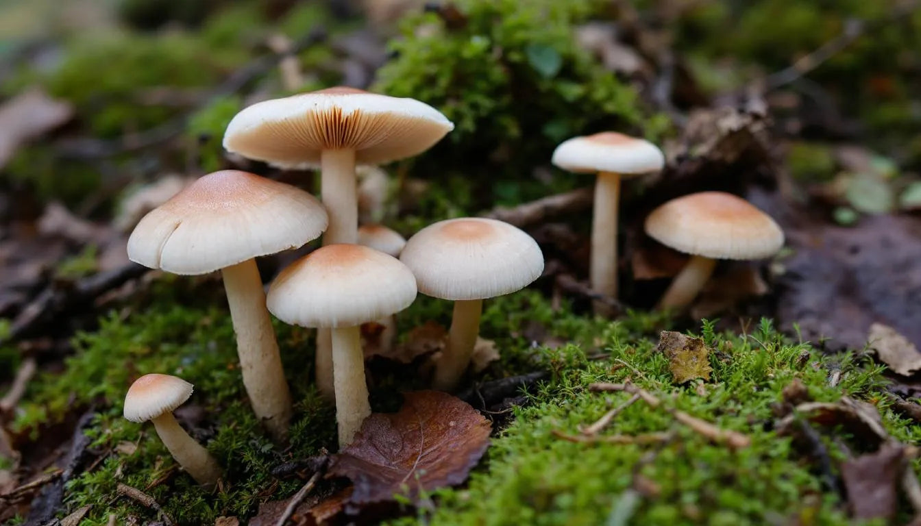 various mushrooms growing from forest floor