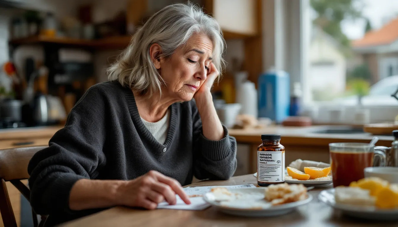 A person closely examining the ingredient label of a supplement bottle.