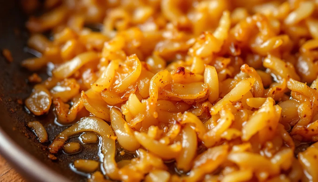 Golden brown caramelized onions cooking in a skillet