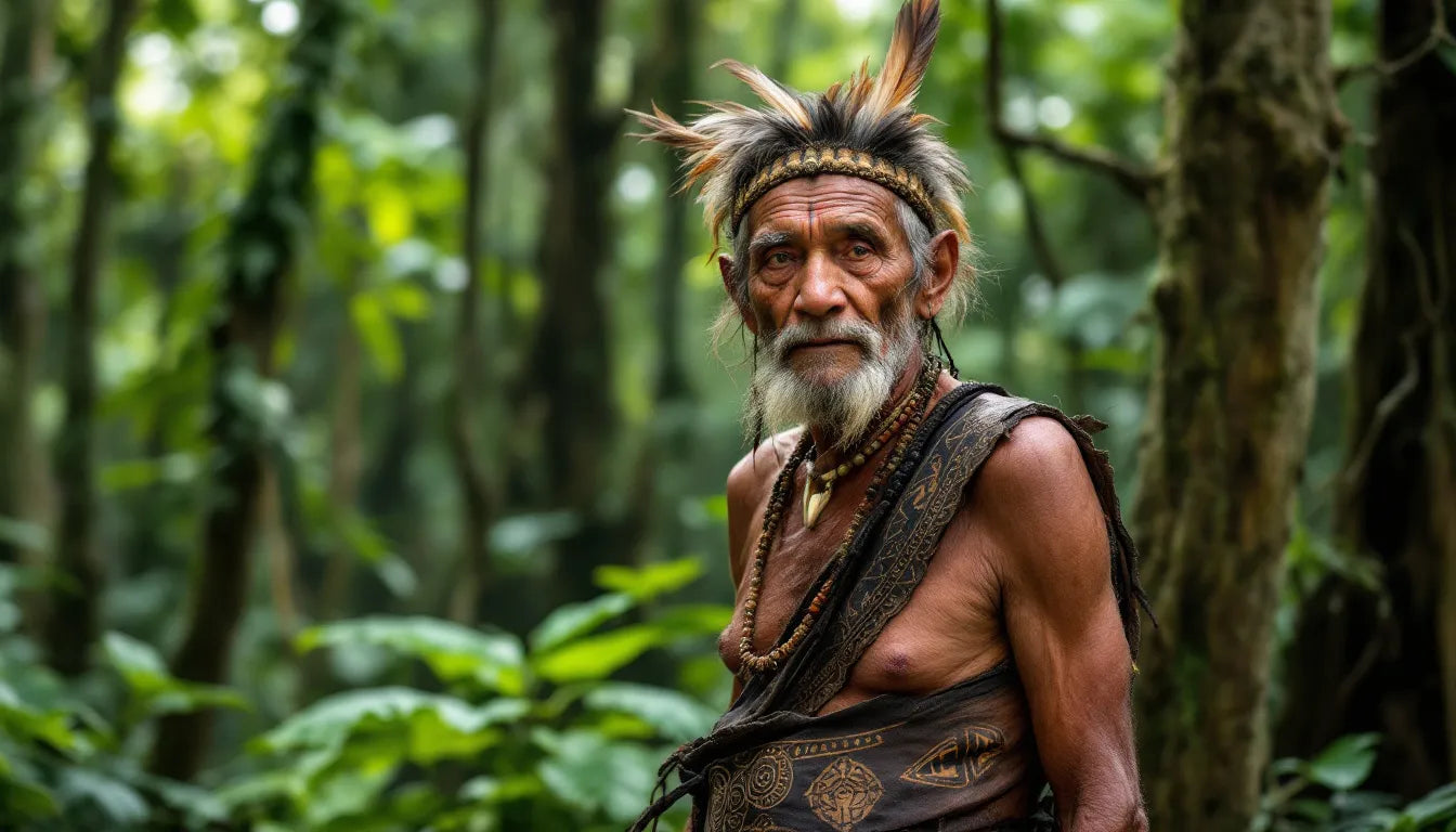 Indigenous elder standing in a lush rainforest