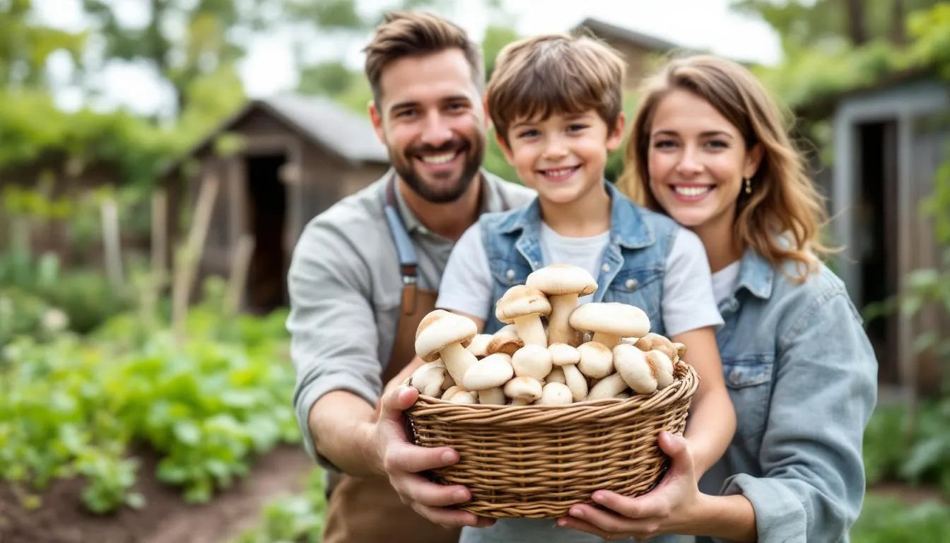 Smiling family holding freshly harvested homegrown mushrooms