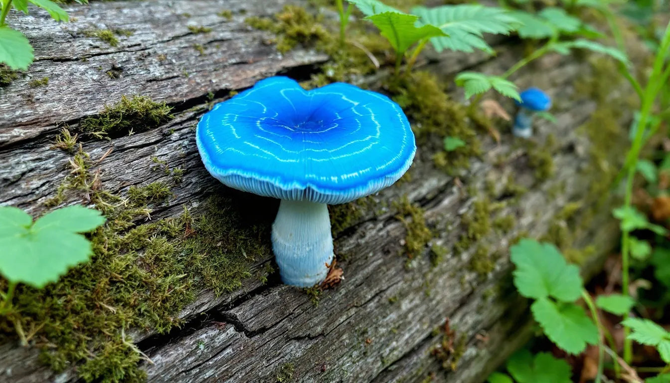 Assorted mushrooms resembling honey fungus on forest log