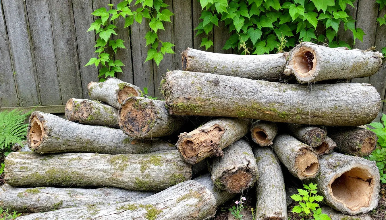 stacked mushroom logs positioned in a shaded garden area