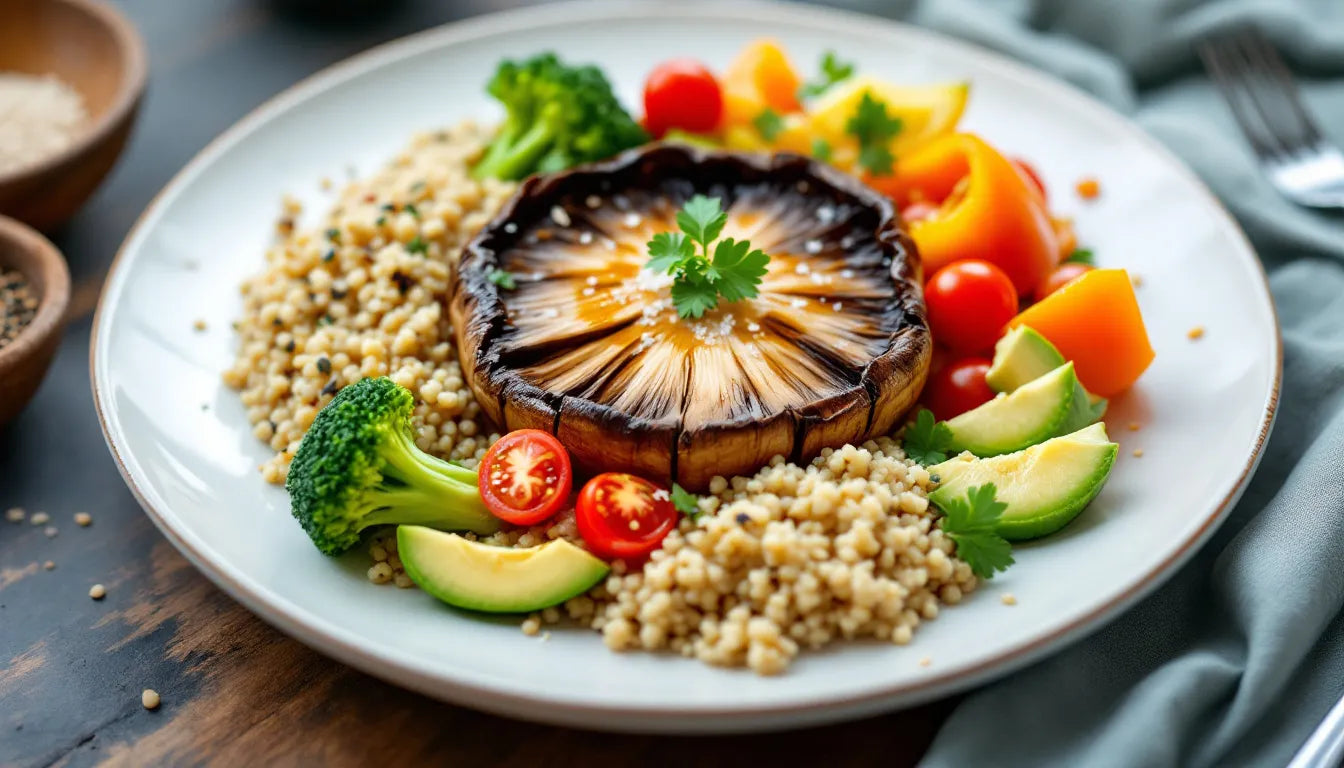 Balanced whole food meal featuring mushrooms, vegetables and grains
