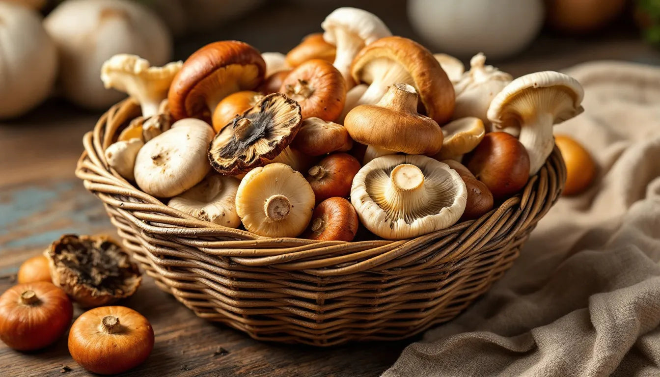 Locally harvested mushrooms in a rustic farm basket