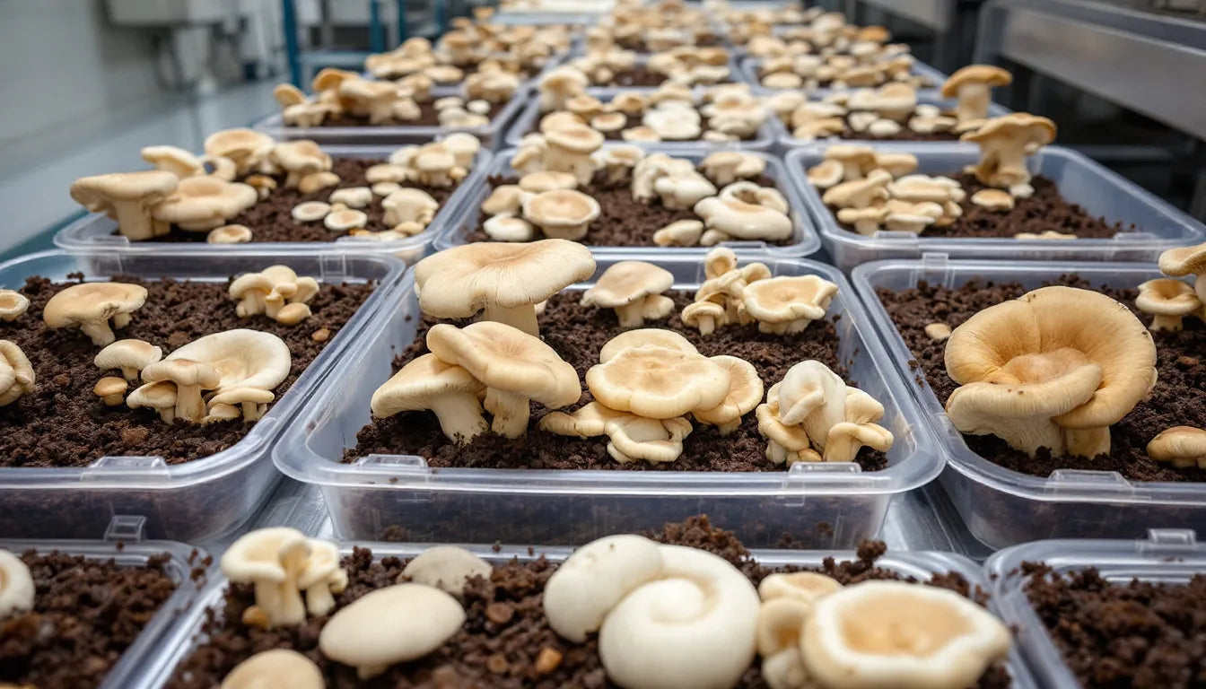 Trays of edible mushrooms growing indoors
