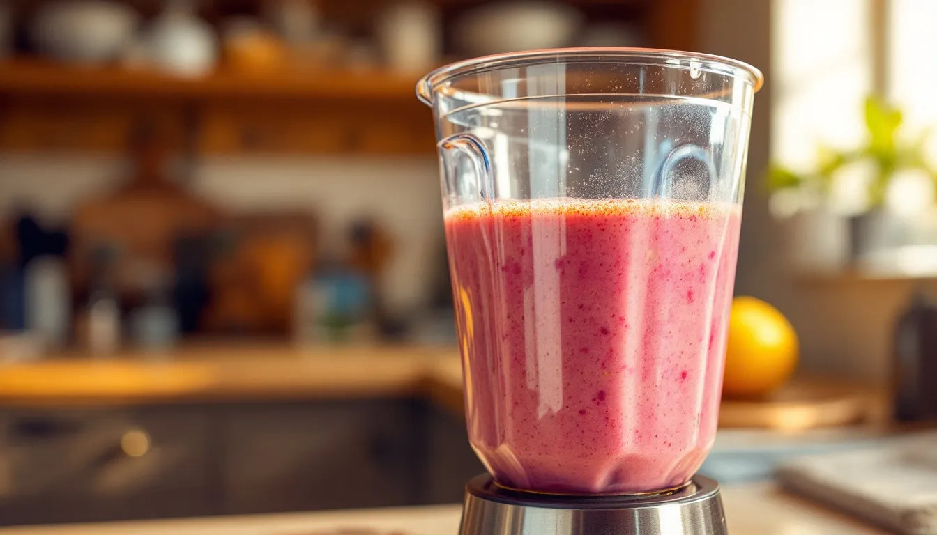 Functional mushroom powder being added to green smoothie