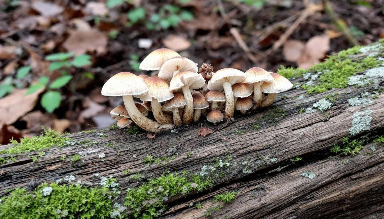 cluster of mushrooms growing on decaying wood
