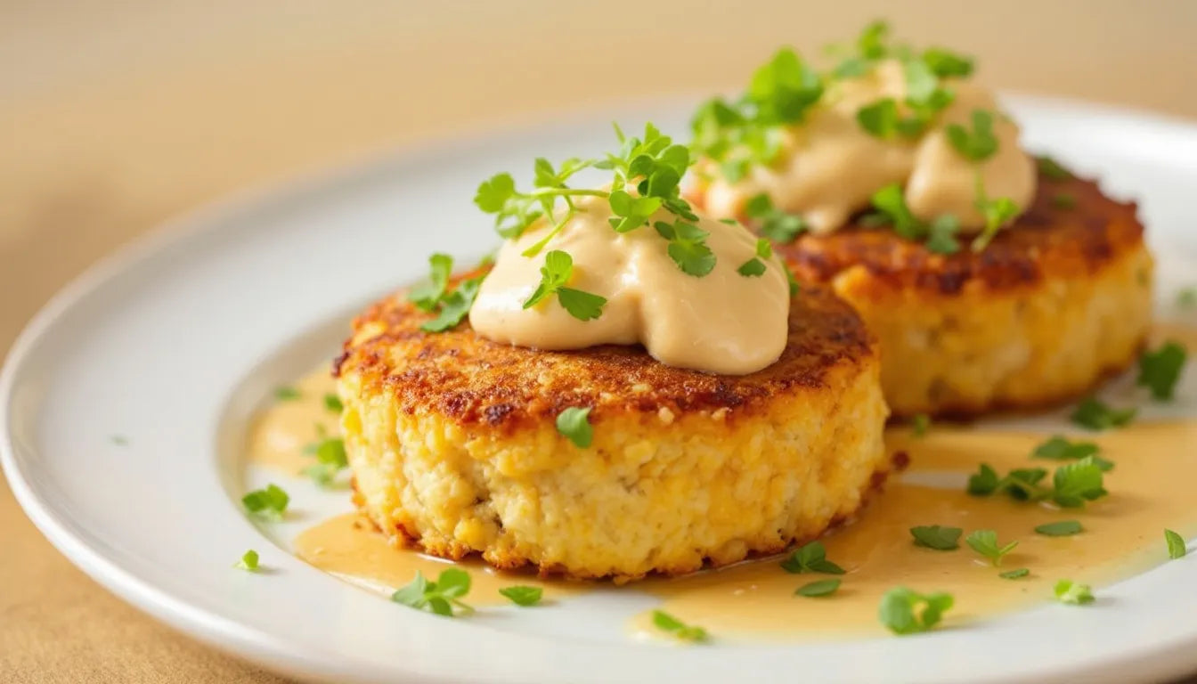 Lion's mane mushroom crab cakes on white plate