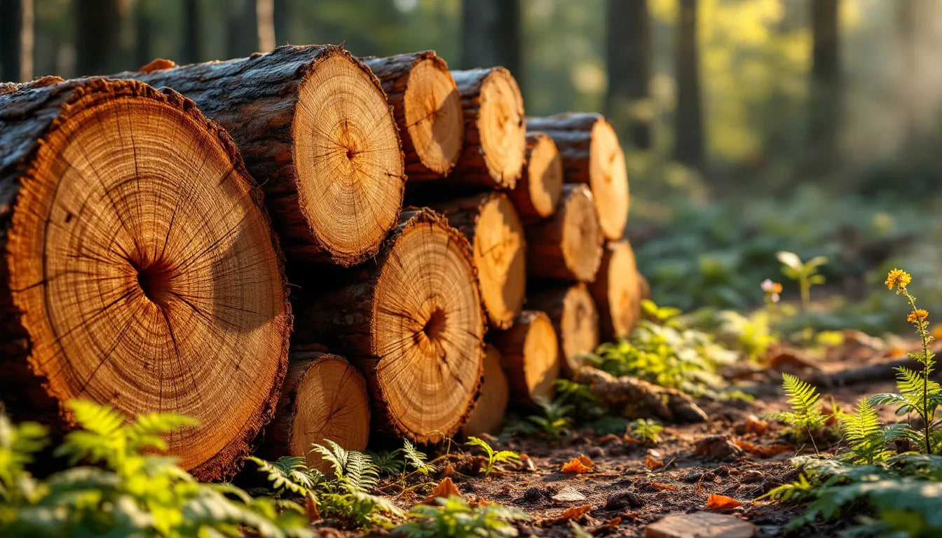 Freshly cut oak logs ideal for mushroom growing