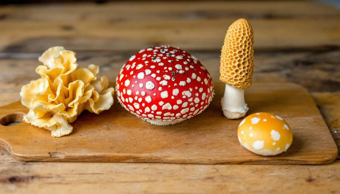 A variety of mushrooms displayed on a wooden board.