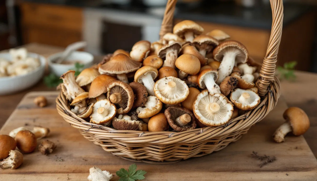 A basket filled with freshly harvested mushrooms.