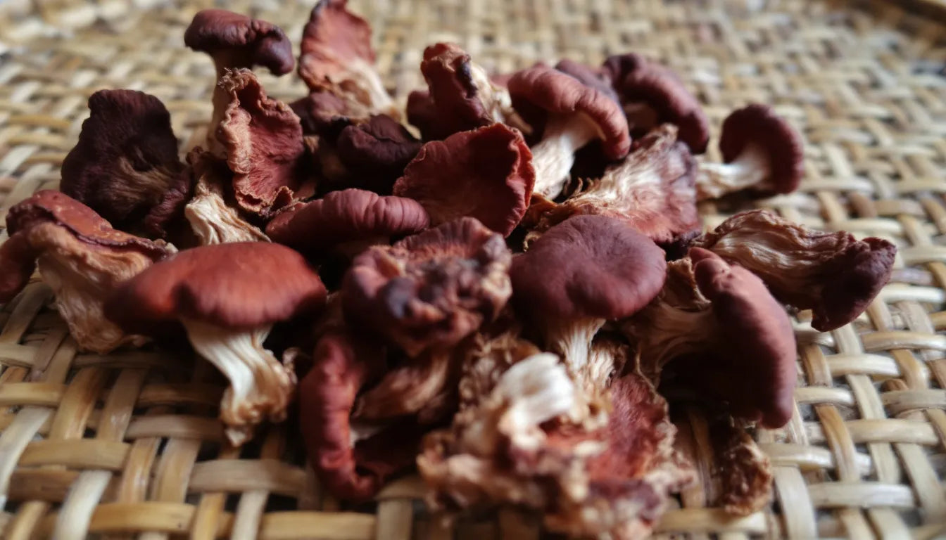 Dried reishi mushrooms on bamboo tea tray