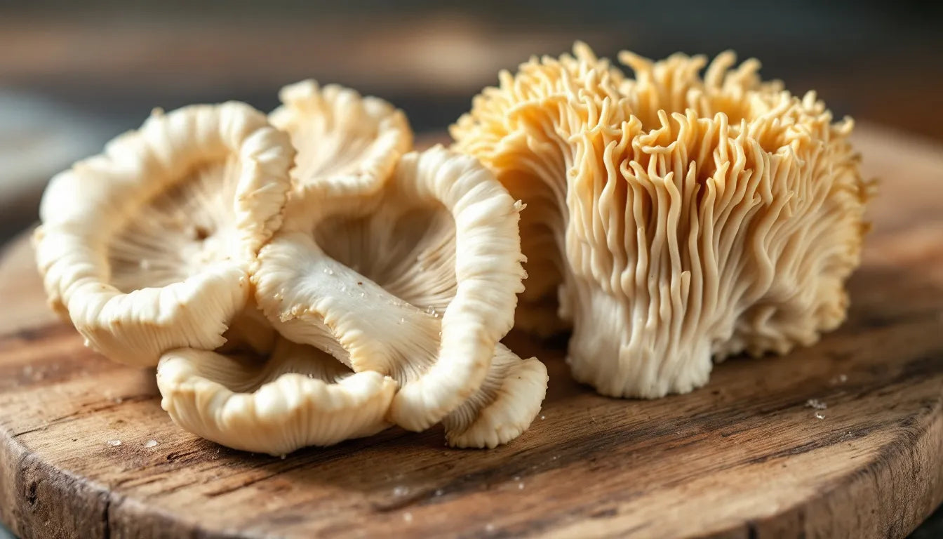 Freshly harvested oyster and lion’s mane mushrooms