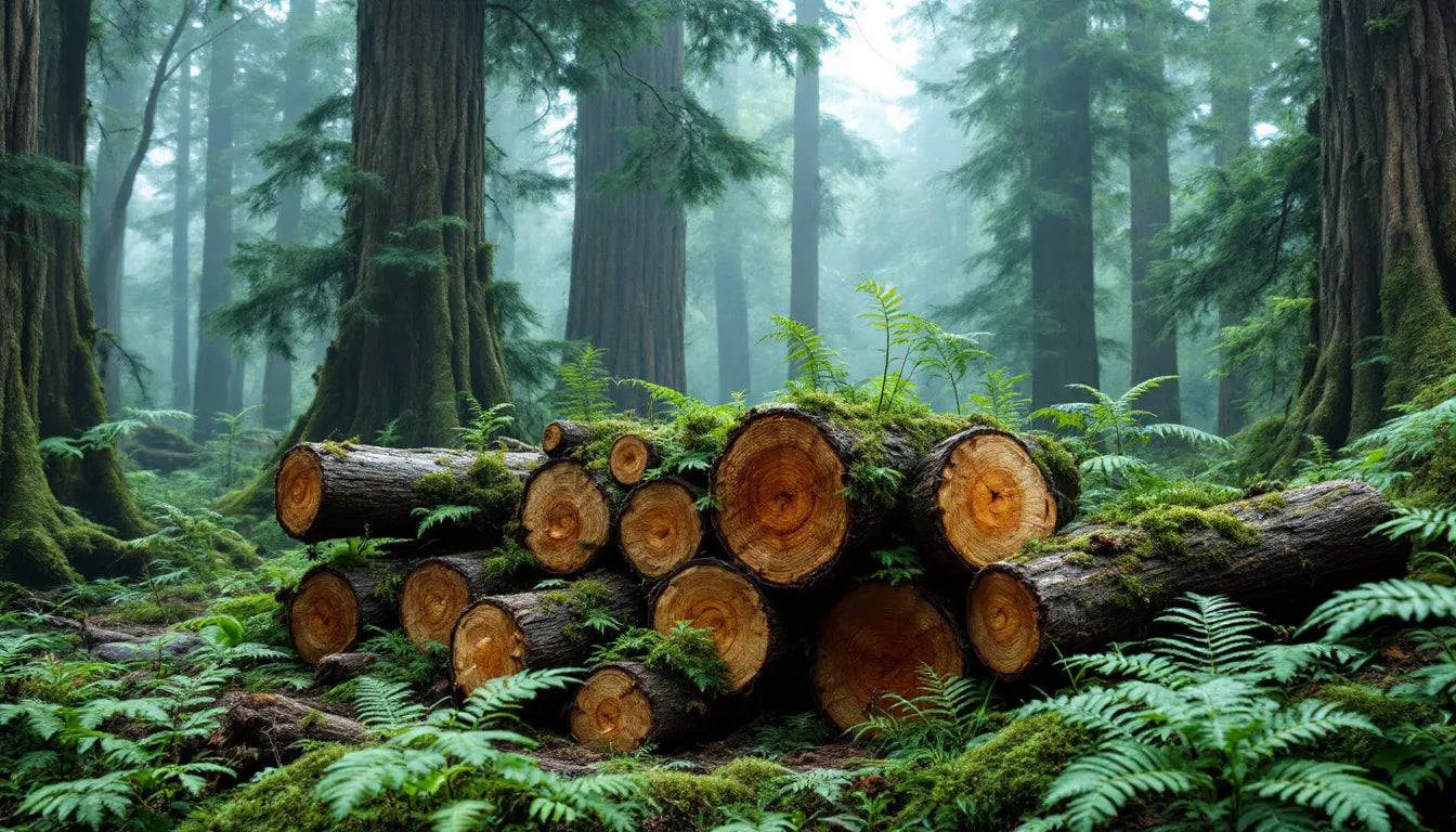 Shiitake logs incubating in a forest stacked cabin-style