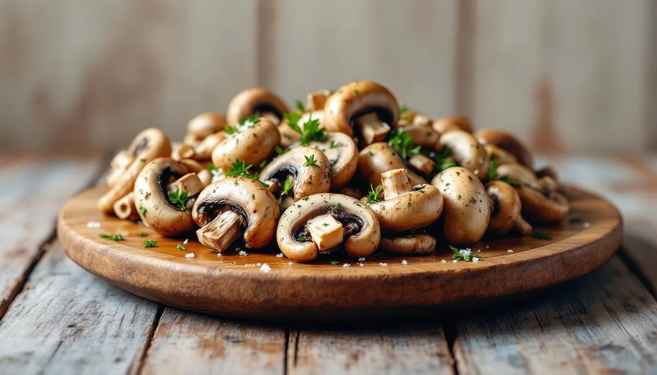 Microwaved mushrooms seasoned with herbs on a plate