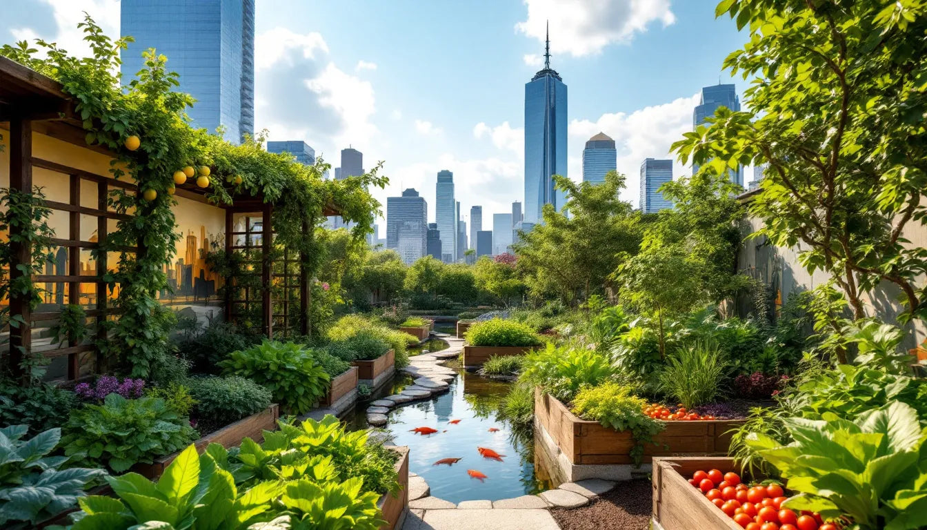Urban farm with crops next to tall city buildings